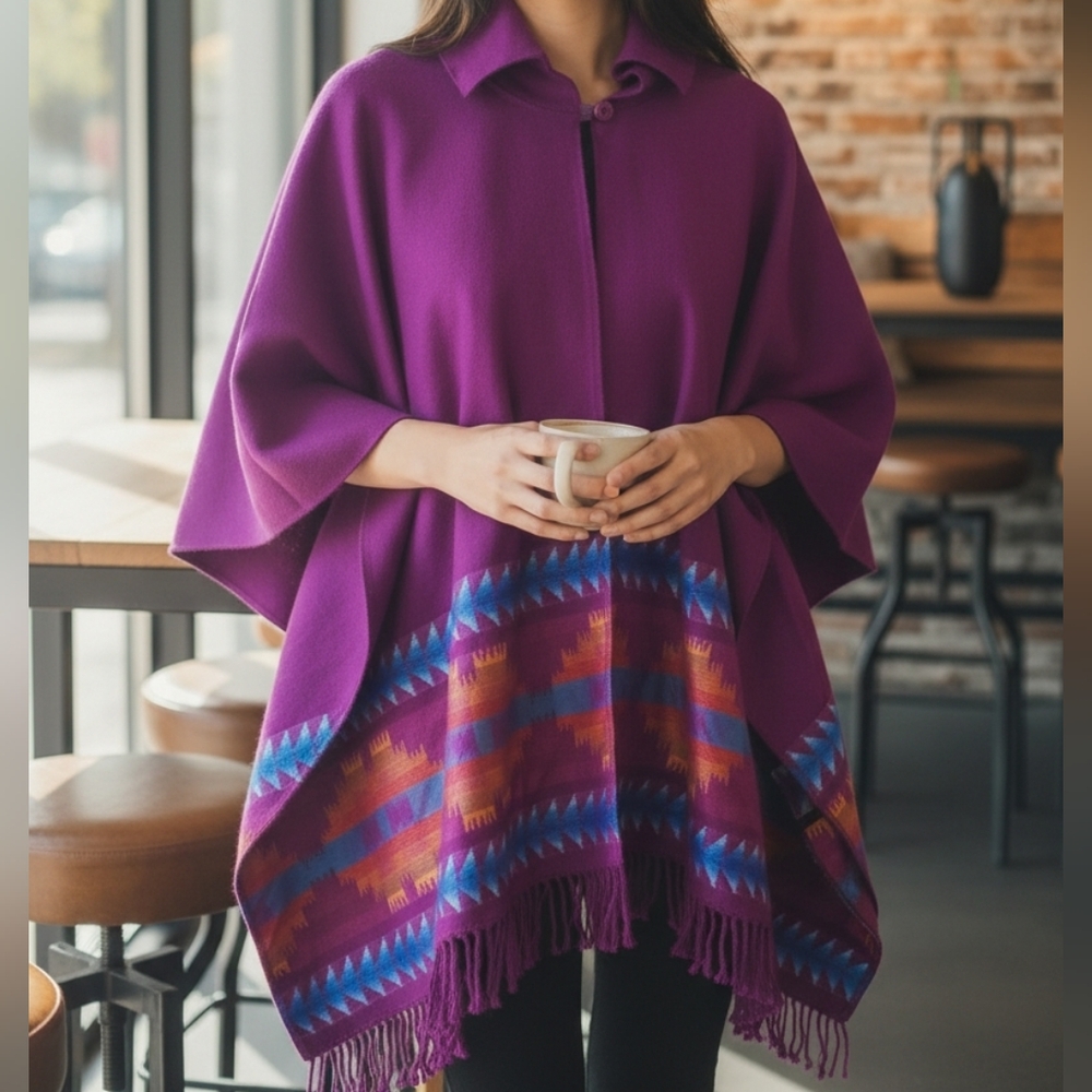 Folklore Peguche Vibrant Purple Poncho With Fringe Size M